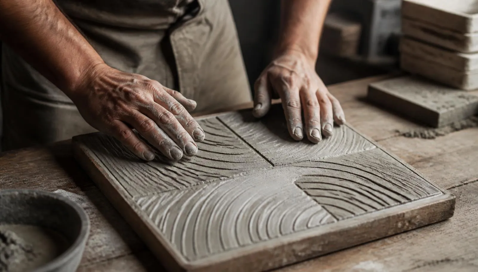 Artisan hands finishing a handmade textured concrete tile in the workshop