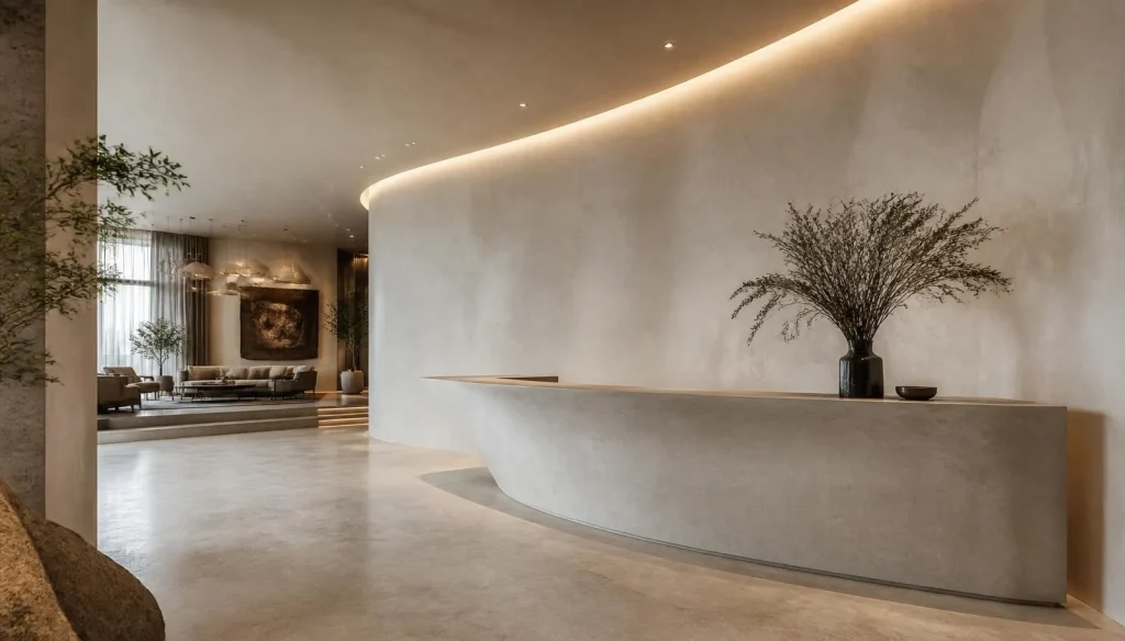Boutique hotel lobby with continuous pale concrete wall cladding and sculptural reception desk