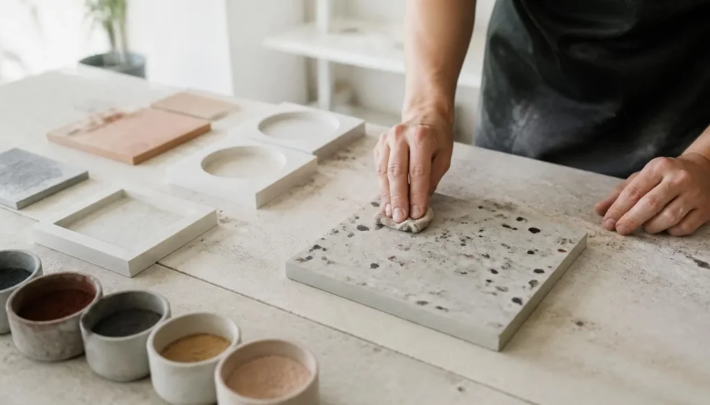 Artisan finishing a handcrafted concrete tile in a bright workshop with pigment samples