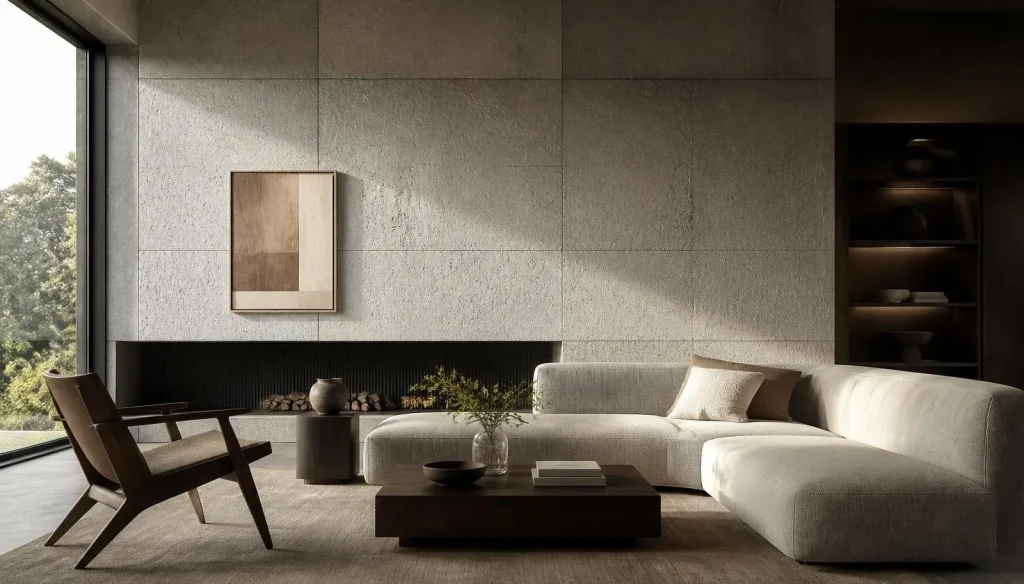 Living room with handcrafted concrete wall cladding in warm pale grey