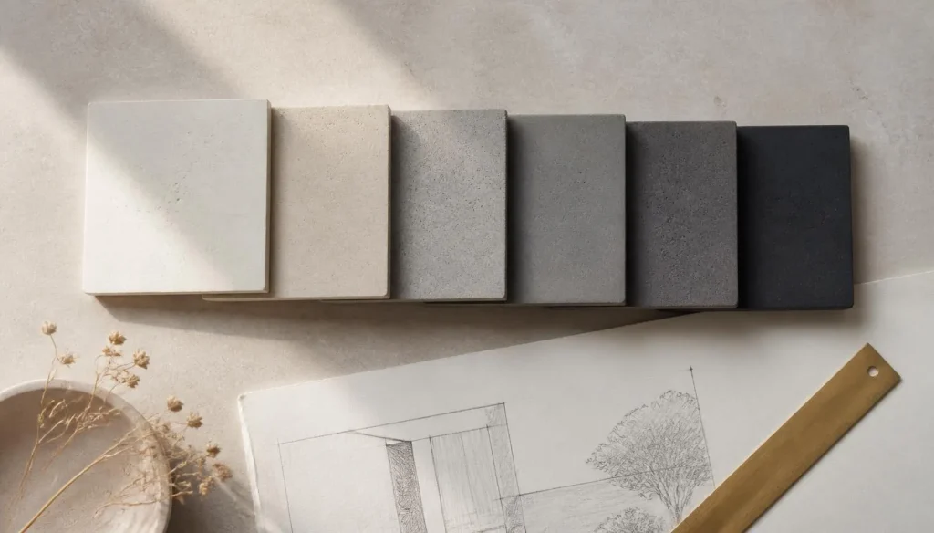 Handcrafted concrete samples graduated from white to charcoal beside an architectural sketch