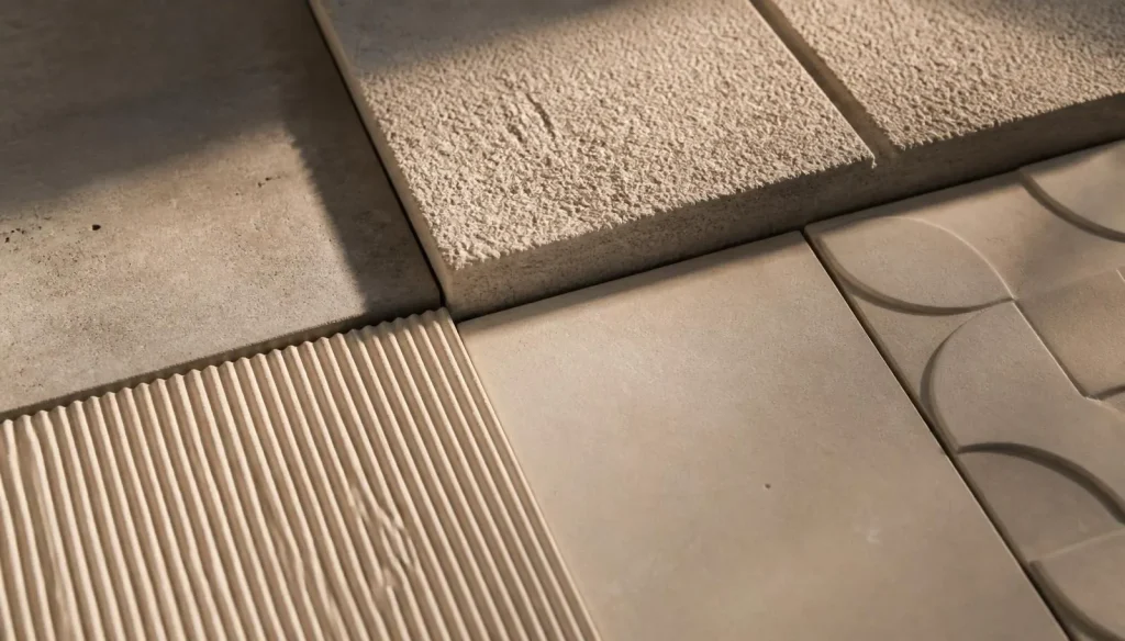 Close-up of sandblasted and smooth handcrafted concrete tiles in sand and stone tones